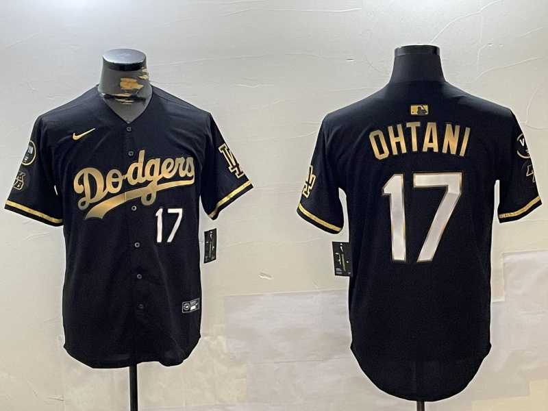 Mens Los Angeles Dodgers #17 Shohei Ohtani Black Gold World Series Champions Cool Base Stitched Baseball Jersey